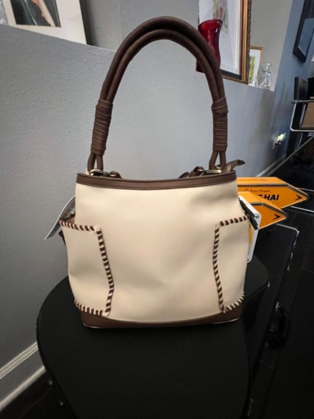 NWT Malibu Skye Vegan Leather Tote Bag & Matching Pochette Cream Brown